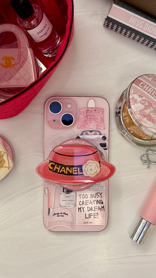 Chanel pink hat phone grip
