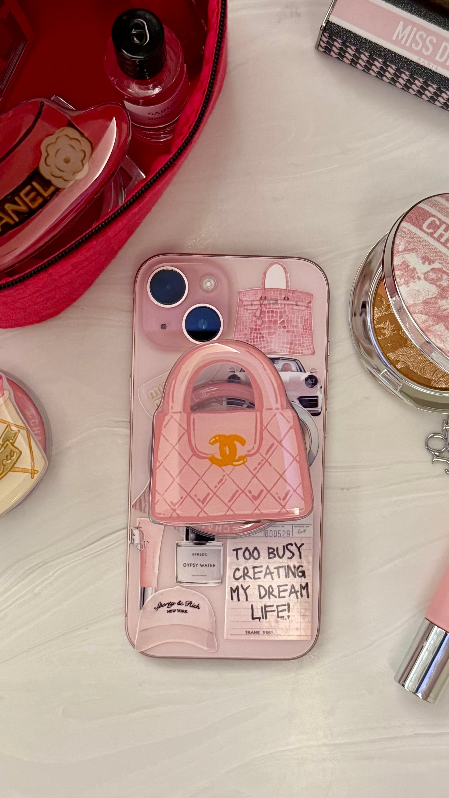 Chanel pink bag phone grip