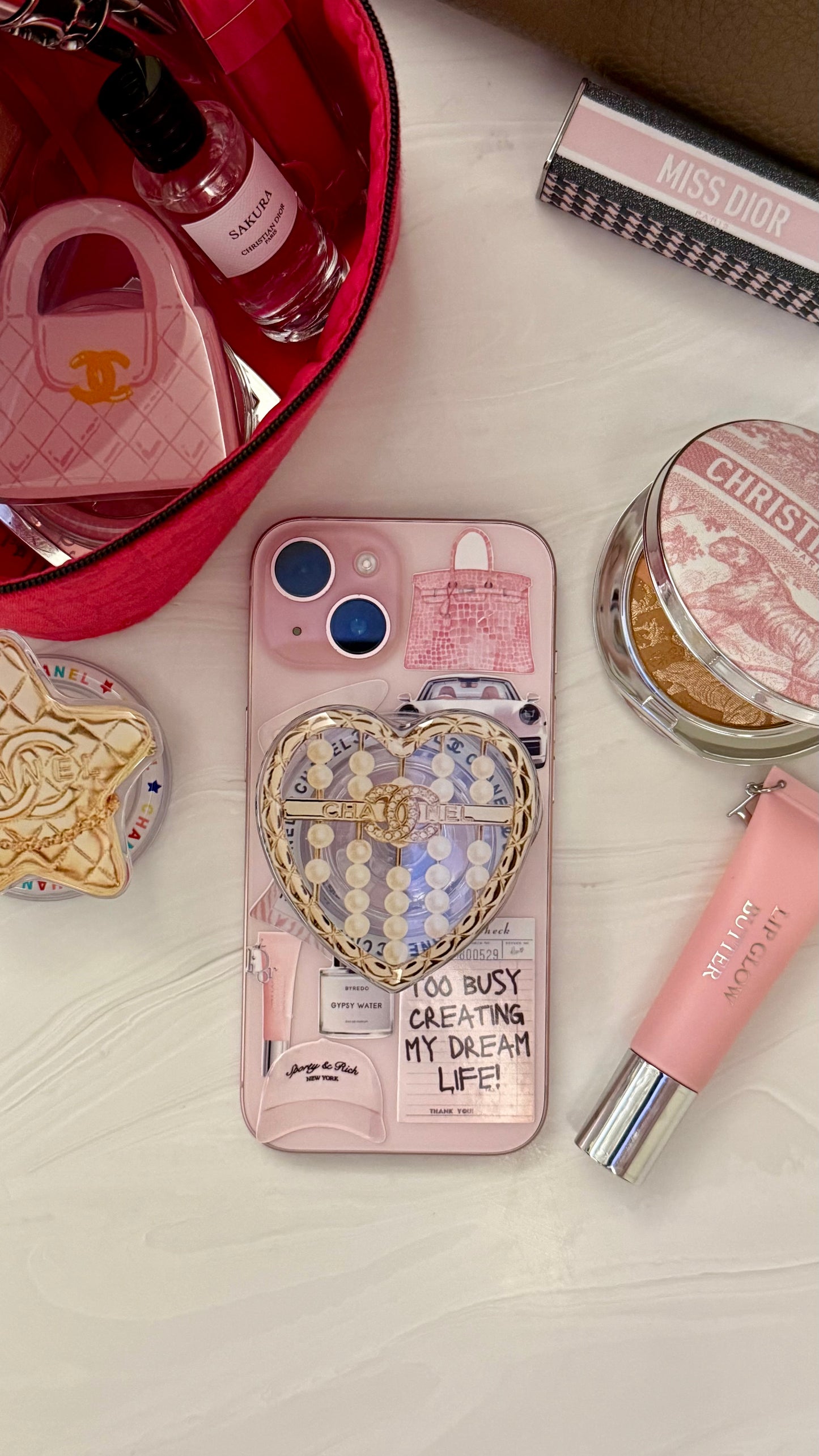 Pearl heart Chanel phone grip
